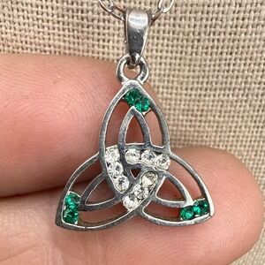 Solvar Necklace Silver Tone Celtic Trinity Rhinestone 19"